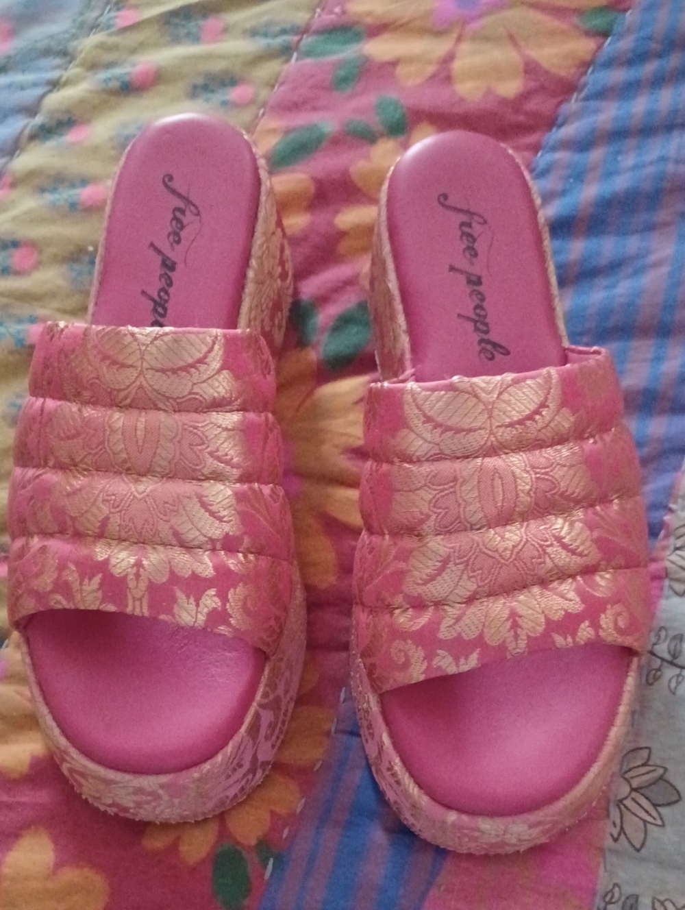 Free People Pink and Gold Brocade Slide Sandals